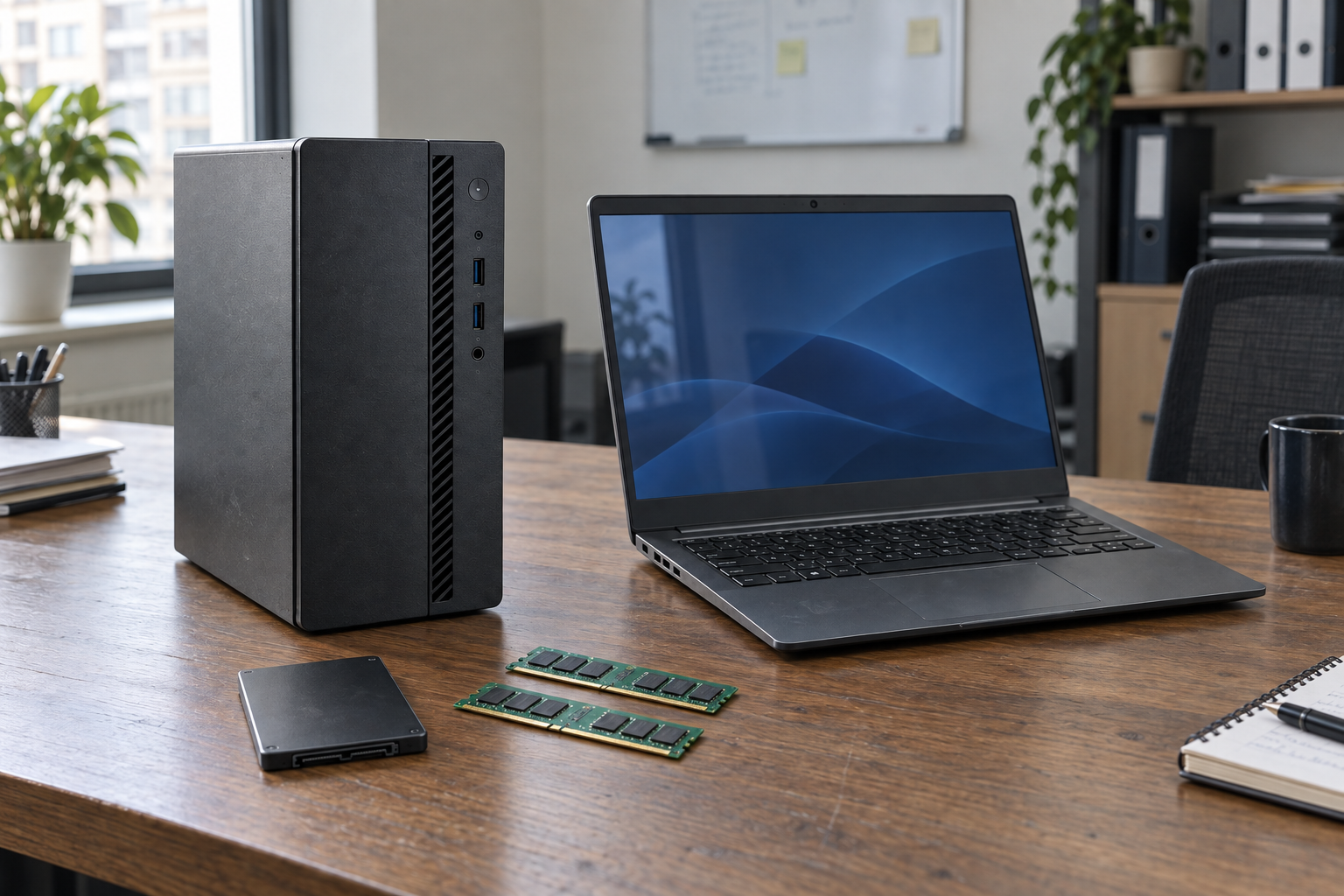 Visual illustrativo di PC desktop, laptop, memoria RAM e unità SSD su una scrivania